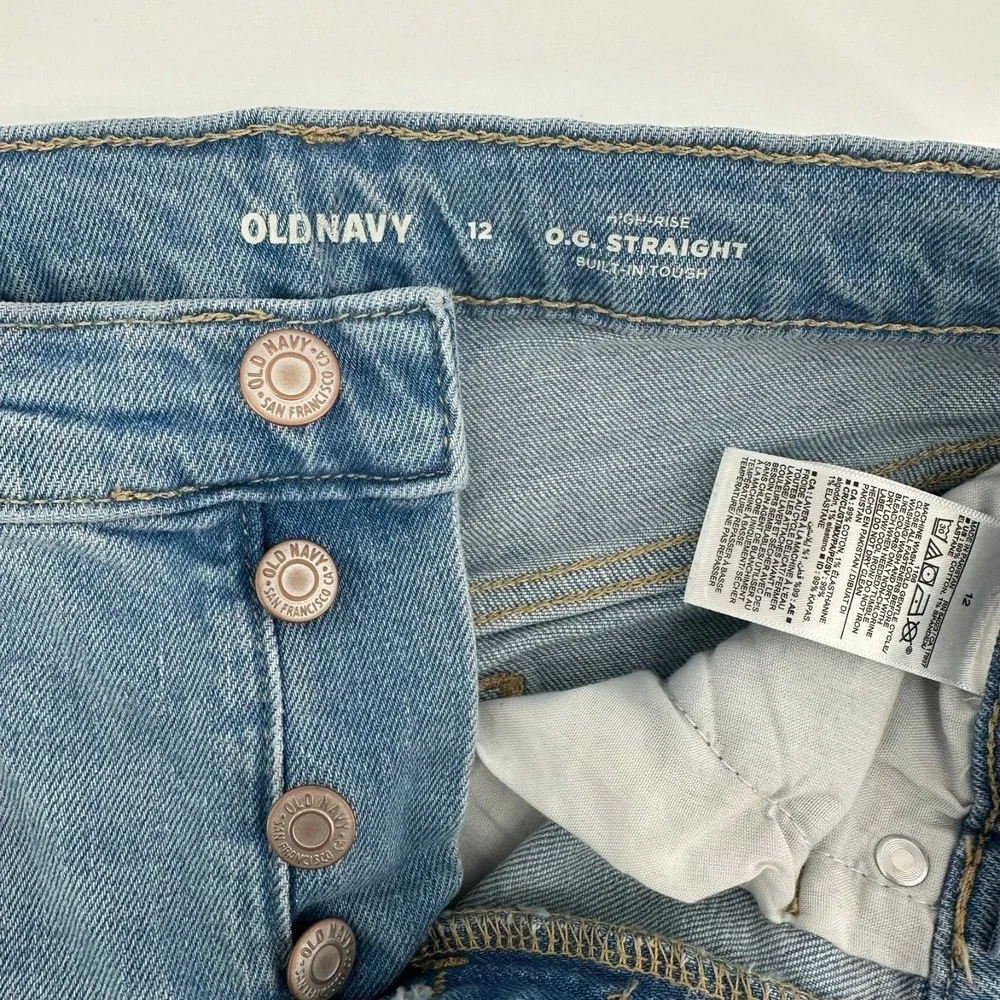 Old Navy O.G. Straight Jeans Girls 12 Blue Denim High-Rise Button Fly Distressed